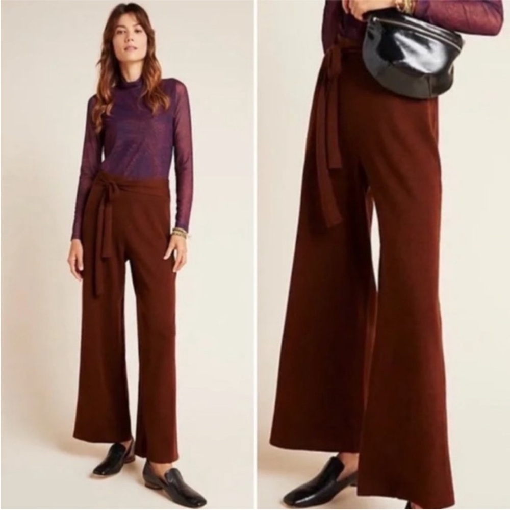 Anthropologie Linette Merino Wool Crop Wide Leg Brown Belted Pant